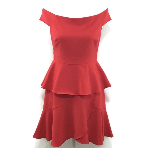 ELIZA J OFF THE SHOULDER PEPLUM FLOUNCE HEM RED DRESS NWOT - Picture 3 of 8